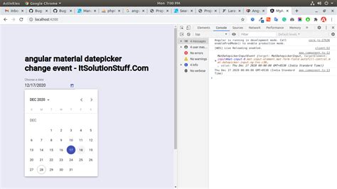The input&39;s native (input) and (change) events will only trigger due to user interaction with the input element; they will not fire when the user selects a date from the calendar popup. . Datepicker change event angular